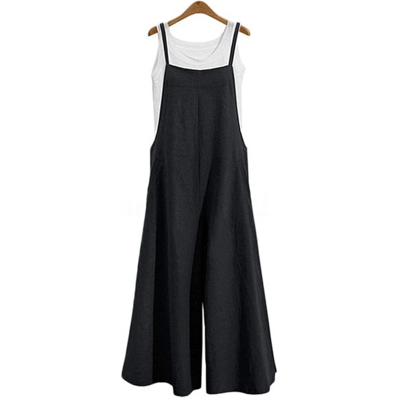 Women Black Casual Loose Long Bib Pants Wide Leg Jumpsuits - Picture 6 of 15
